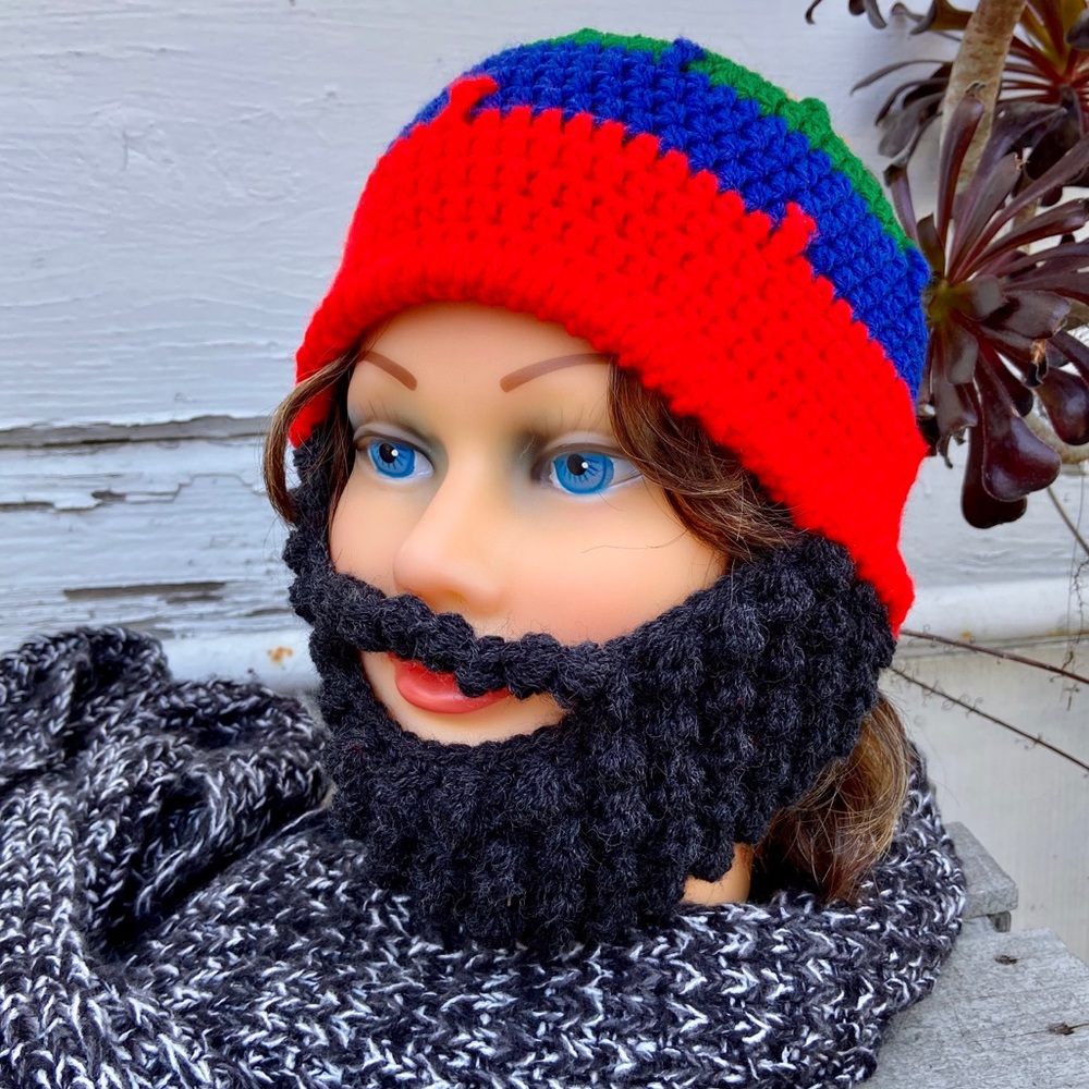 Crocheted beanie with beard